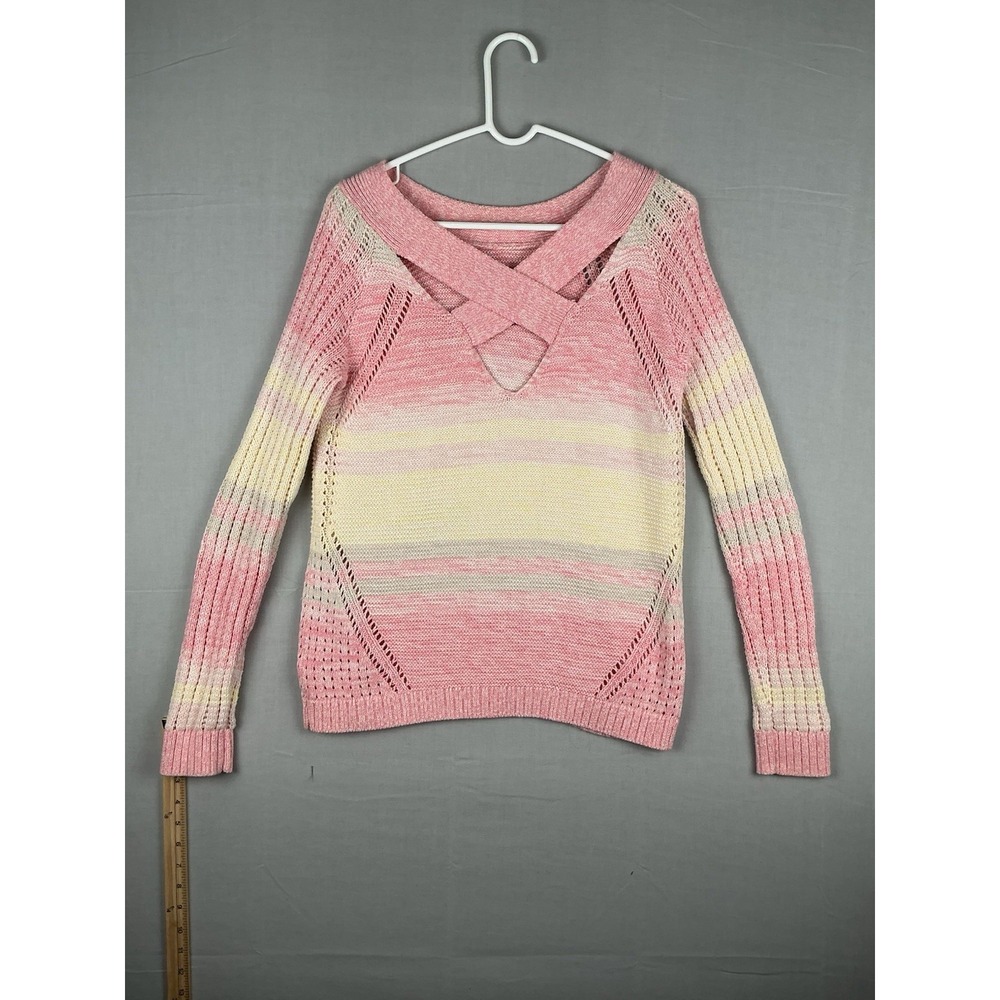 Maurices Womens Sweater Medium Pink Striped Criss Cross Neck 100% Cotton